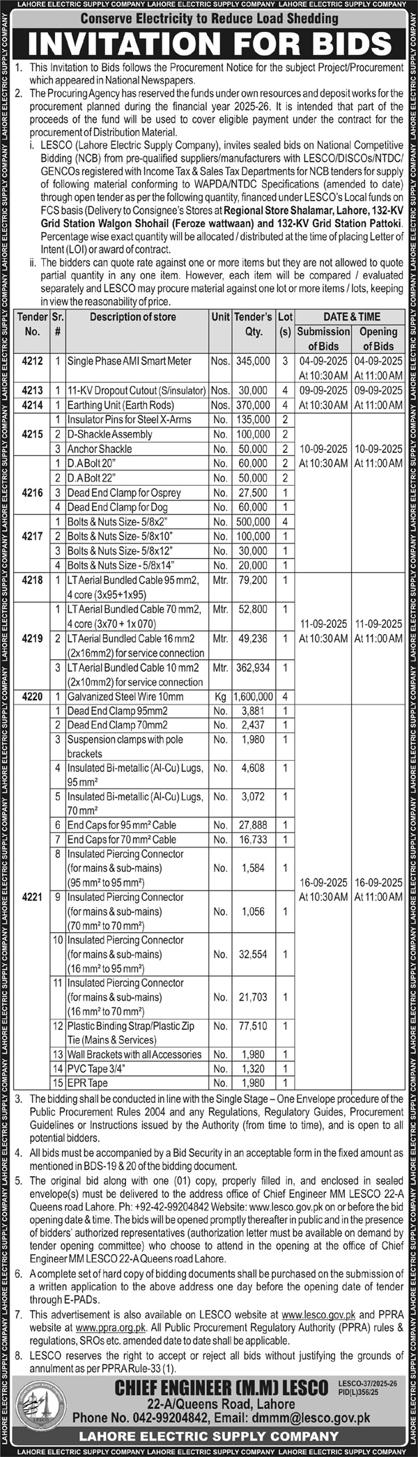 Lahore Electric Supply Company Tender Notice